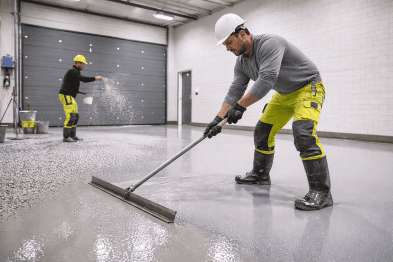 To arbeidere som legger og glatter betong på et indre gulv.