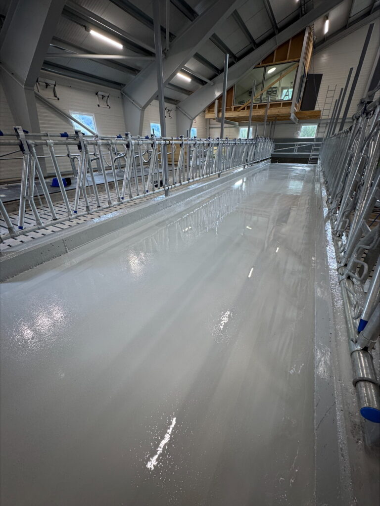 Høy kvalitet betonggulv i industriell setting med glatt finish.